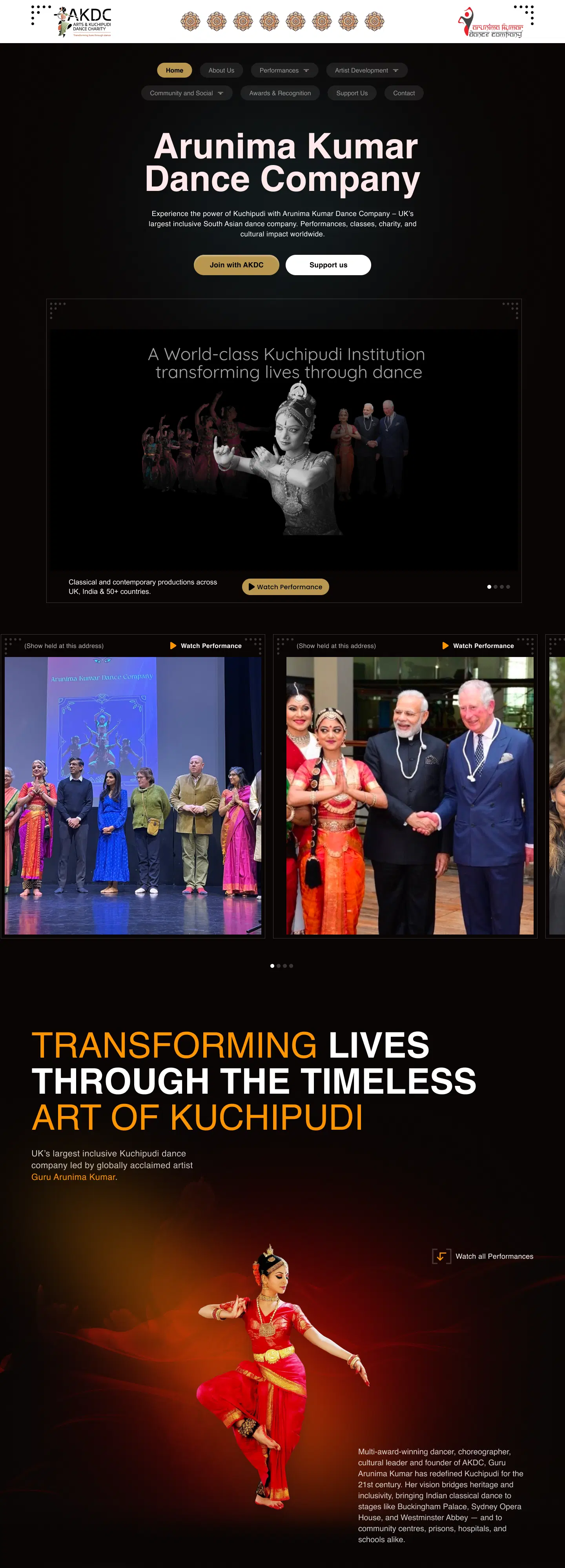AKDC website homepage with performance-led imagery and company navigation