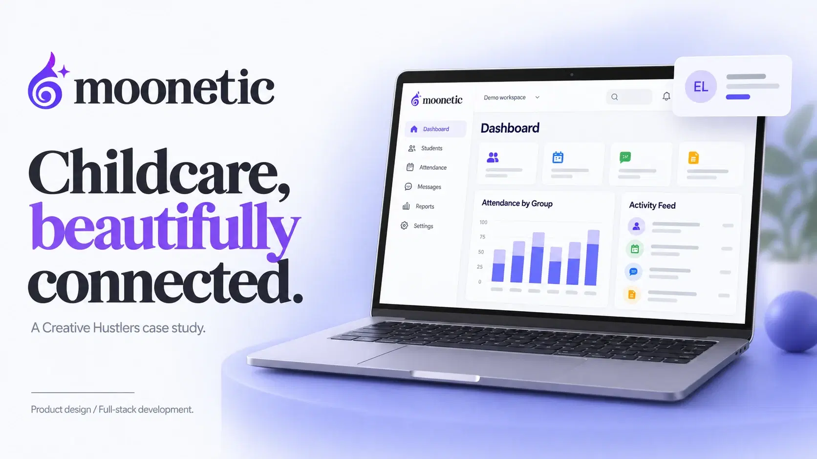 Moonetic overview artwork with an illustrative childcare dashboard
