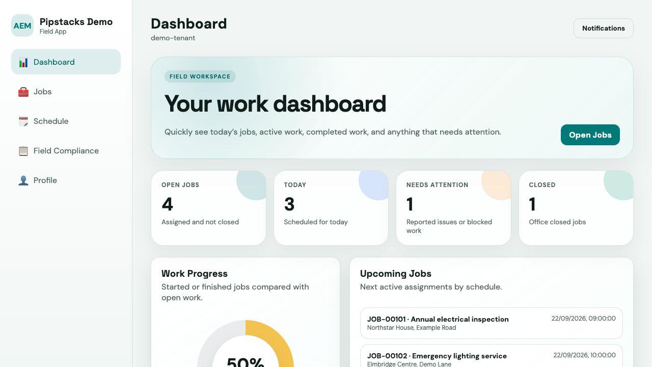 Pipstax worker overview with example assignments and work summaries; legacy AEM and Pipstacks Demo branding is retained.